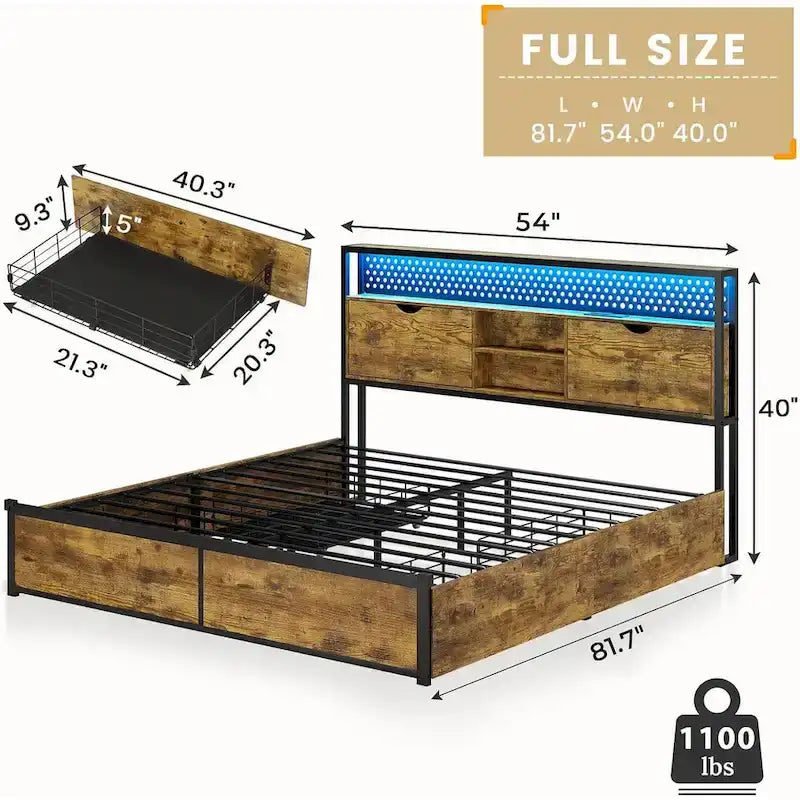 Bed Frame Hidden Storage Headboard 2-Tier Built-in LED Lights Metal