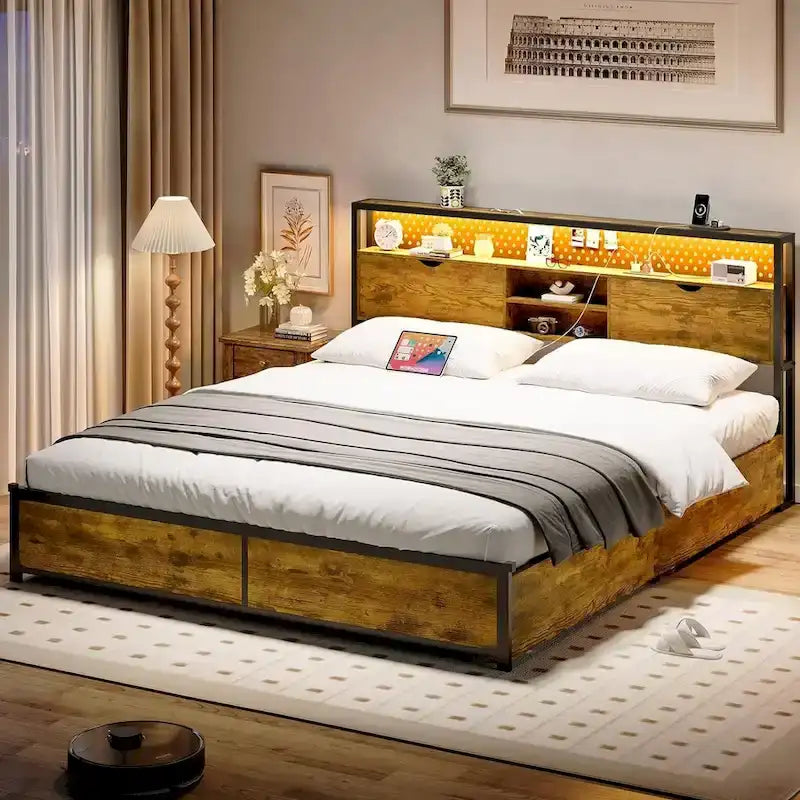 Bed Frame Hidden Storage Headboard 2-Tier Built-in LED Lights Metal