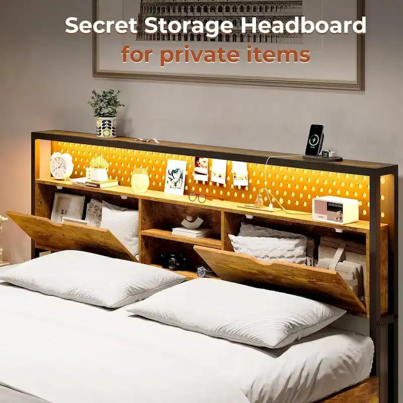Bed Frame Hidden Storage Headboard 2-Tier Built-in LED Lights Metal