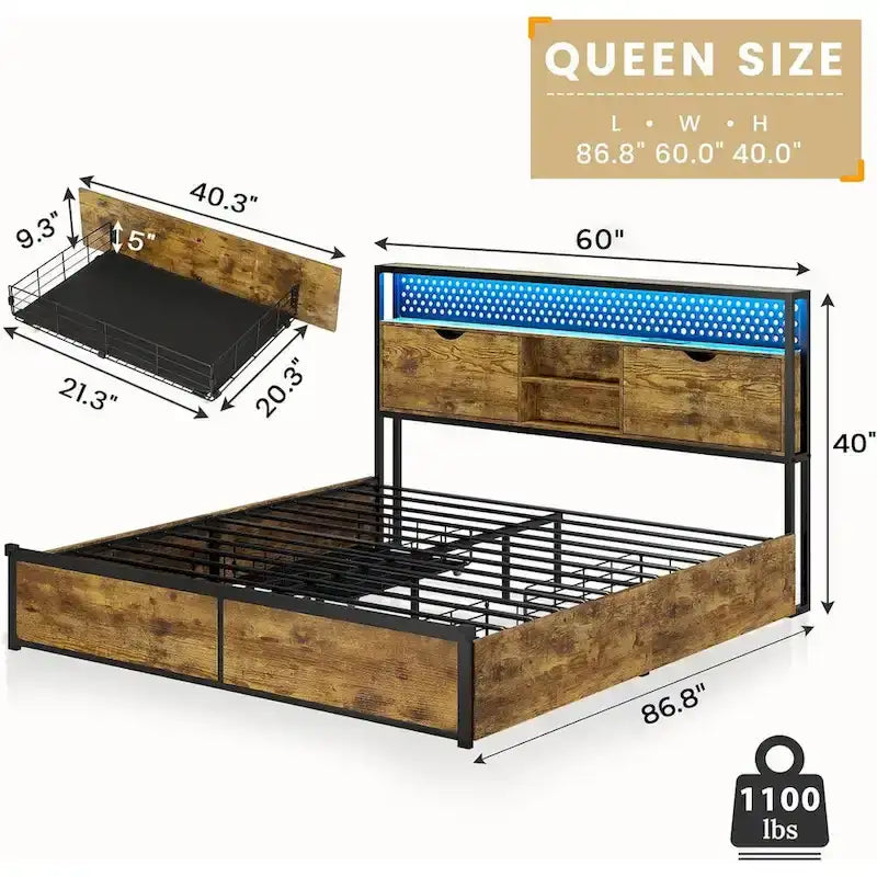 Bed Frame Hidden Storage Headboard 2-Tier Built-in LED Lights Metal