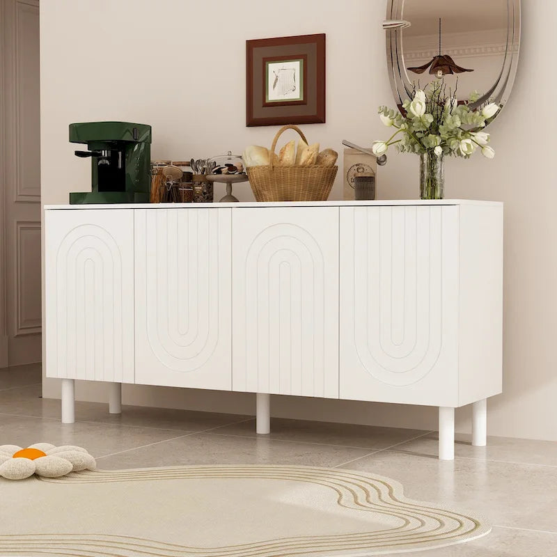 Buffet en MDF blanc avec étagères, meuble de cuisine, bahut, crédence et table d'appoint