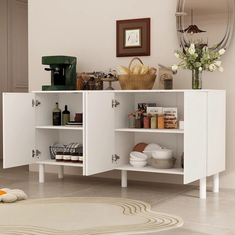 Buffet en MDF blanc avec étagères, meuble de cuisine, bahut, crédence et table d'appoint
