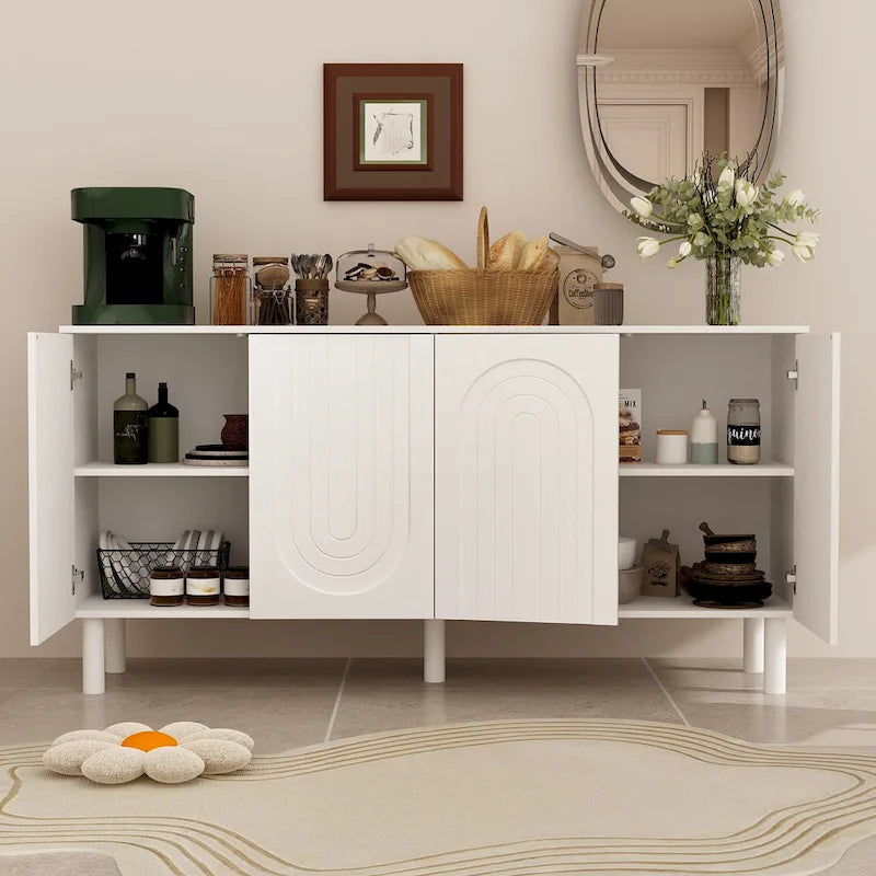 Buffet en MDF blanc avec étagères, meuble de cuisine, bahut, crédence et table d'appoint