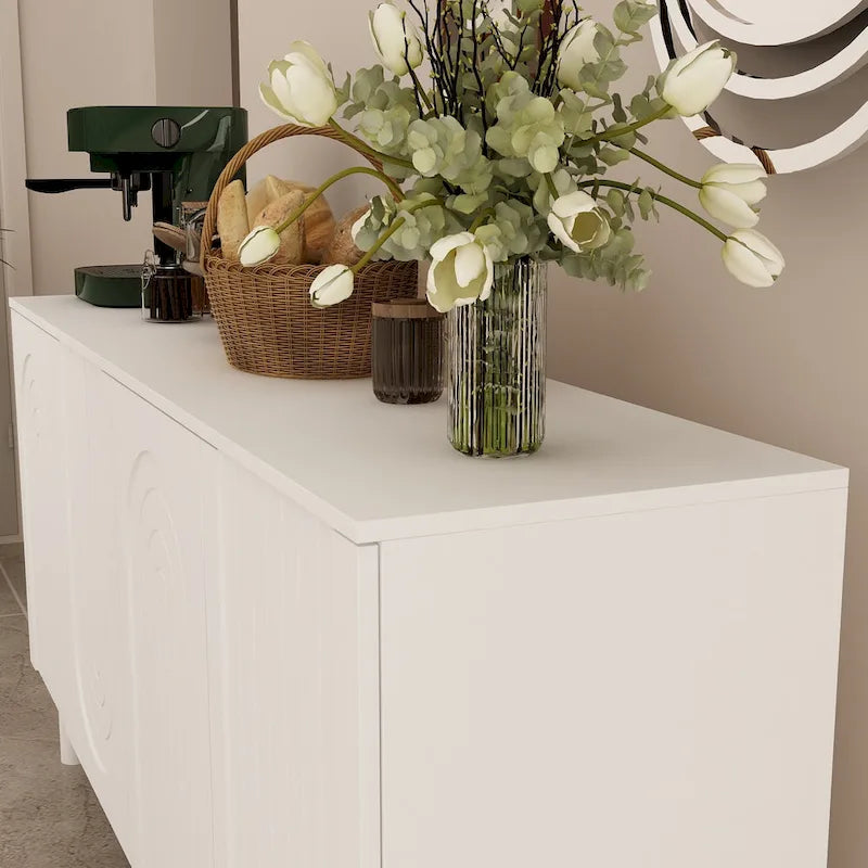 Buffet en MDF blanc avec étagères, meuble de cuisine, bahut, crédence et table d'appoint