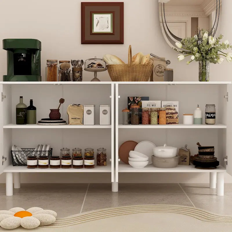 Buffet en MDF blanc avec étagères, meuble de cuisine, bahut, crédence et table d'appoint