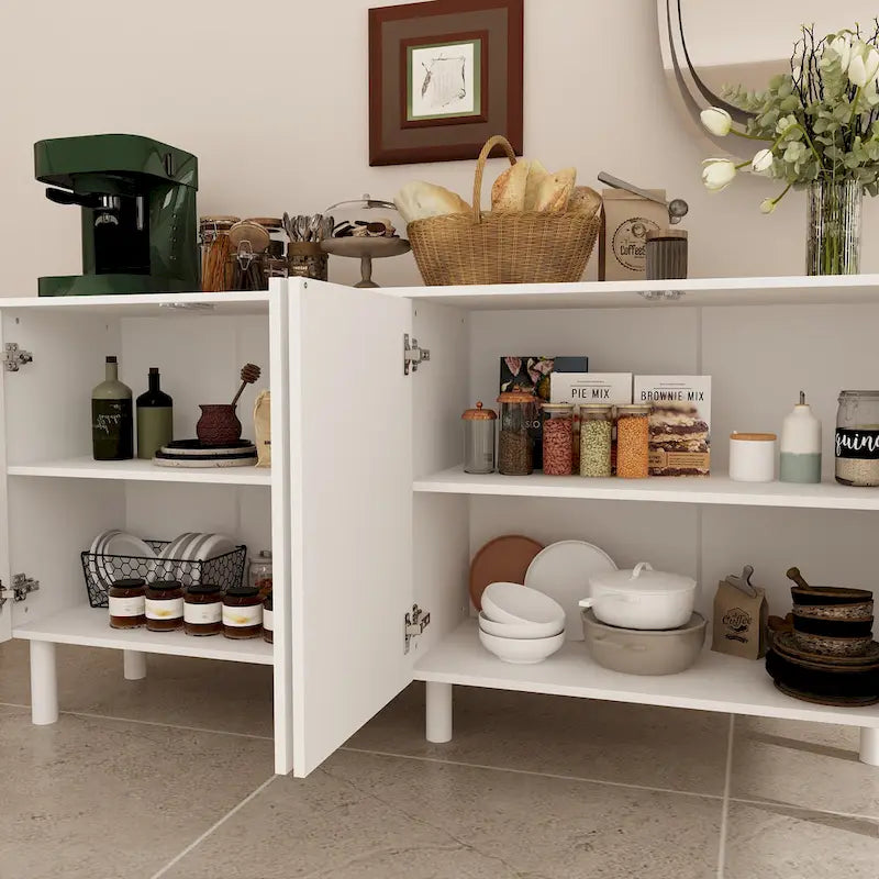 Buffet en MDF blanc avec étagères, meuble de cuisine, bahut, crédence et table d'appoint
