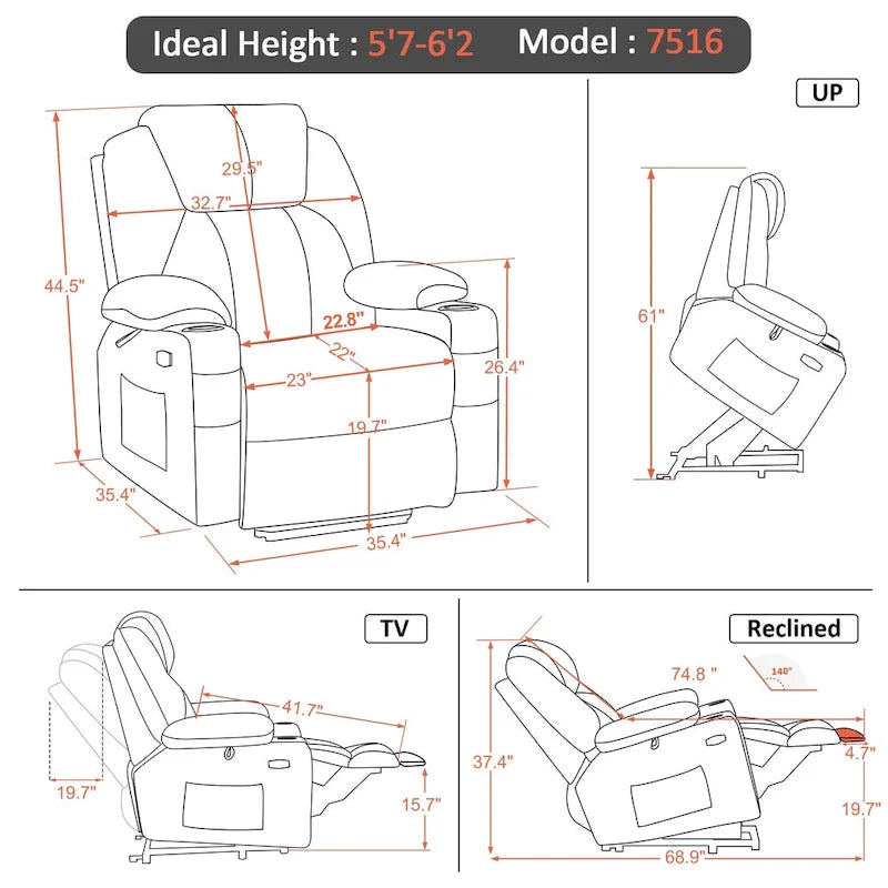 MCombo Large Power Lift Recliner Chair with Massage, Cup Holders, Extended Footrest, Fabric 7516
