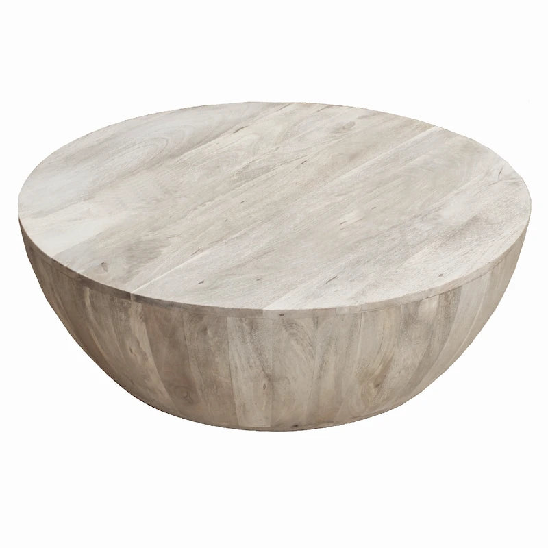 36 Inch Round Mango Wood Coffee Table, Subtle Grains, Distressed White - 35.5 x 35.5 x 12