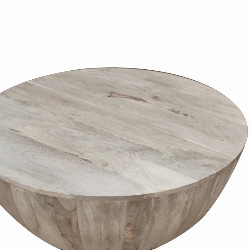 36 Inch Round Mango Wood Coffee Table, Subtle Grains, Distressed White - 35.5 x 35.5 x 12