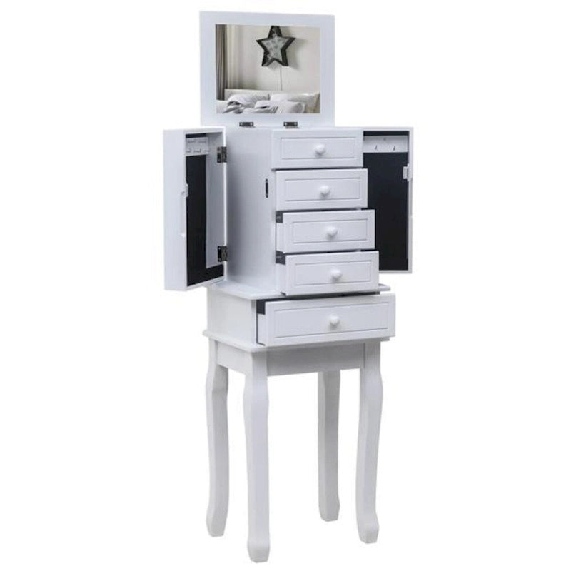 Standing Jewelry Armoire with Mirror, 5 Drawers & 14 Necklace Hooks, Jewelry Cabinet Chest with Removable Ring Storage Slot and