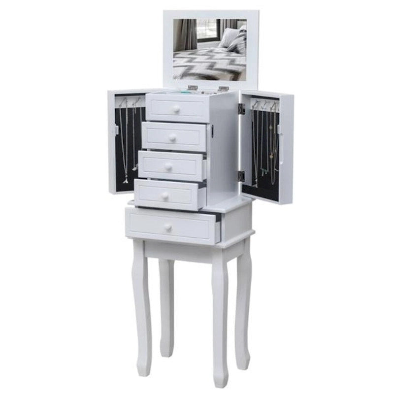Standing Jewelry Armoire with Mirror, 5 Drawers & 14 Necklace Hooks, Jewelry Cabinet Chest with Removable Ring Storage Slot and