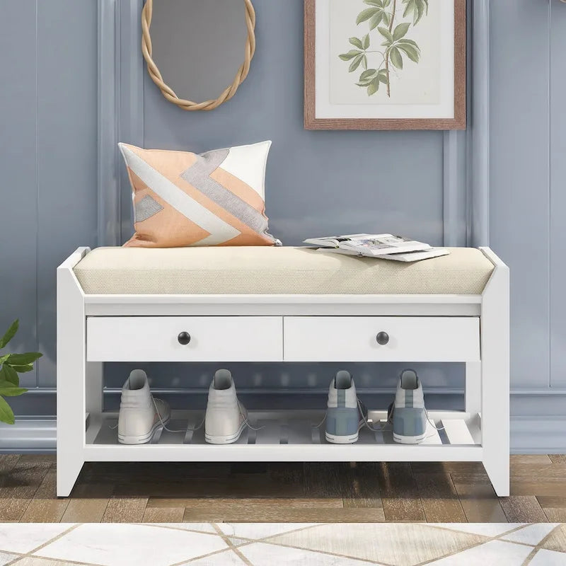 Banc de rangement d'entrée blanc avec coussin et tiroirs