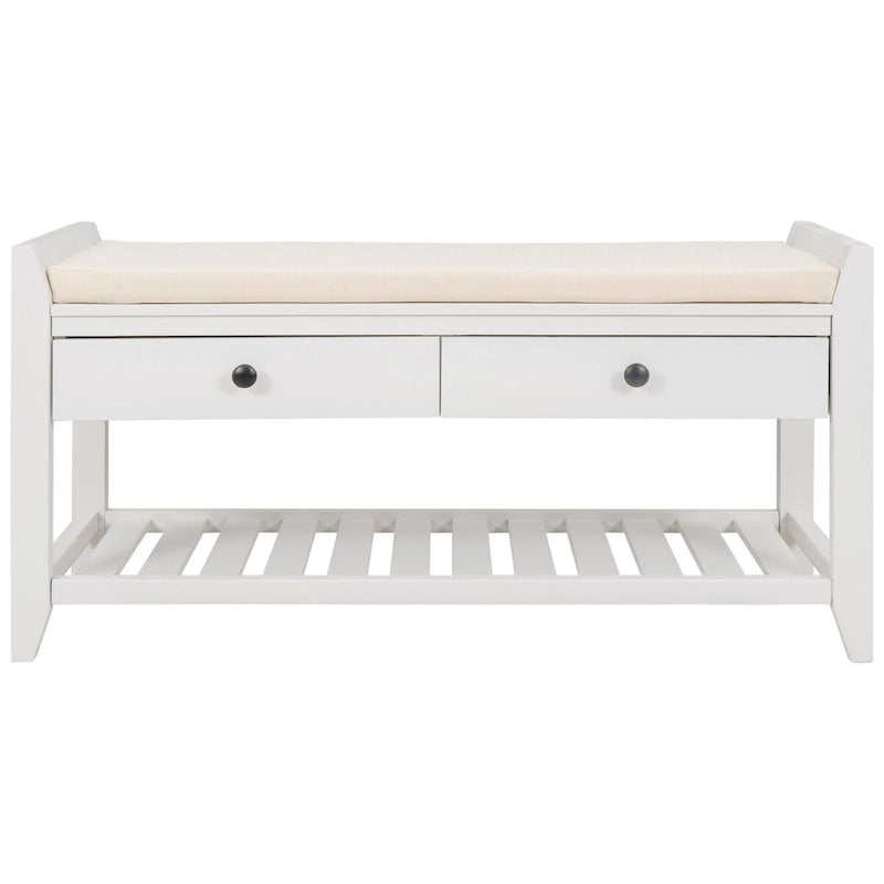 Banc de rangement d'entrée blanc avec coussin et tiroirs