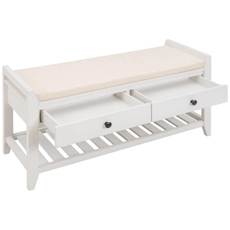 Banc de rangement d'entrée blanc avec coussin et tiroirs