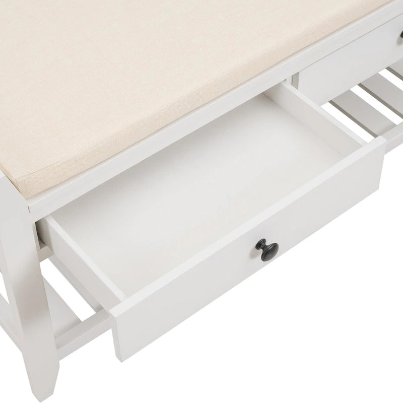 Banc de rangement d'entrée blanc avec coussin et tiroirs