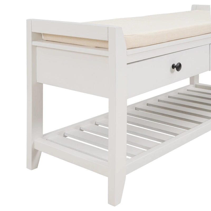 Banc de rangement d'entrée blanc avec coussin et tiroirs