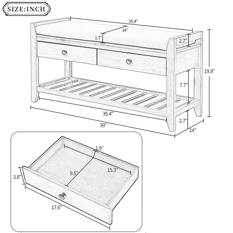 Banc de rangement d'entrée blanc avec coussin et tiroirs