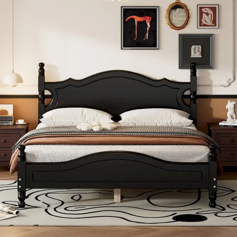 Retro Style Platform Bed with Wooden Slat Support