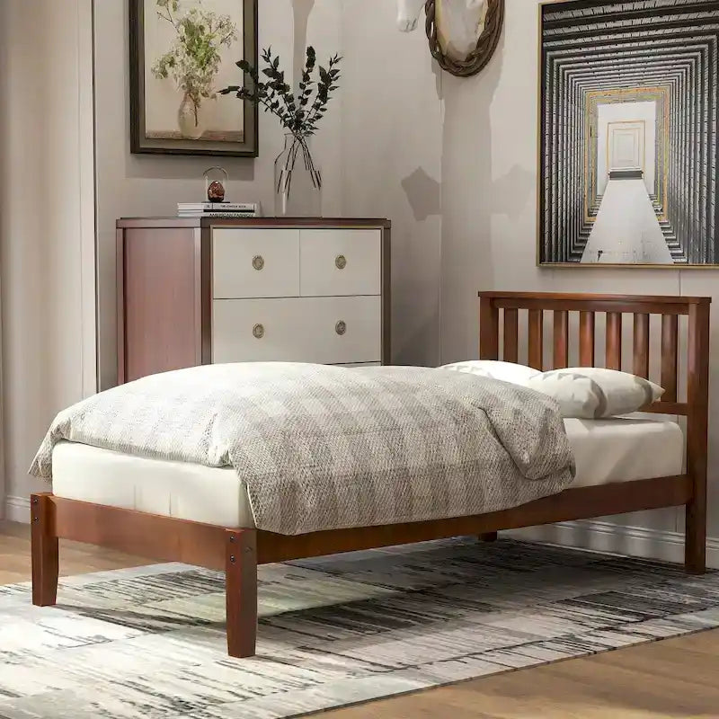 Wood Platform Bed with Headboard/ Slat