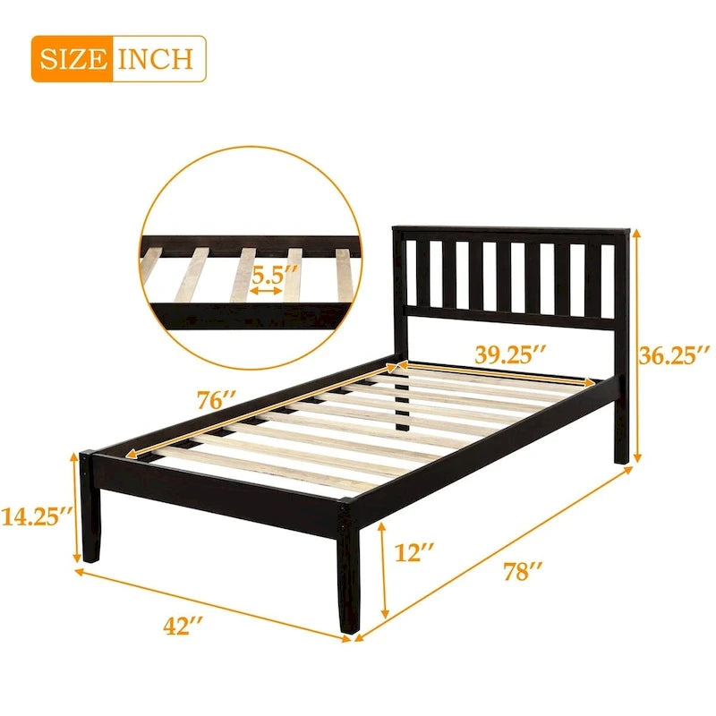 Wood Platform Bed with Headboard/ Slat