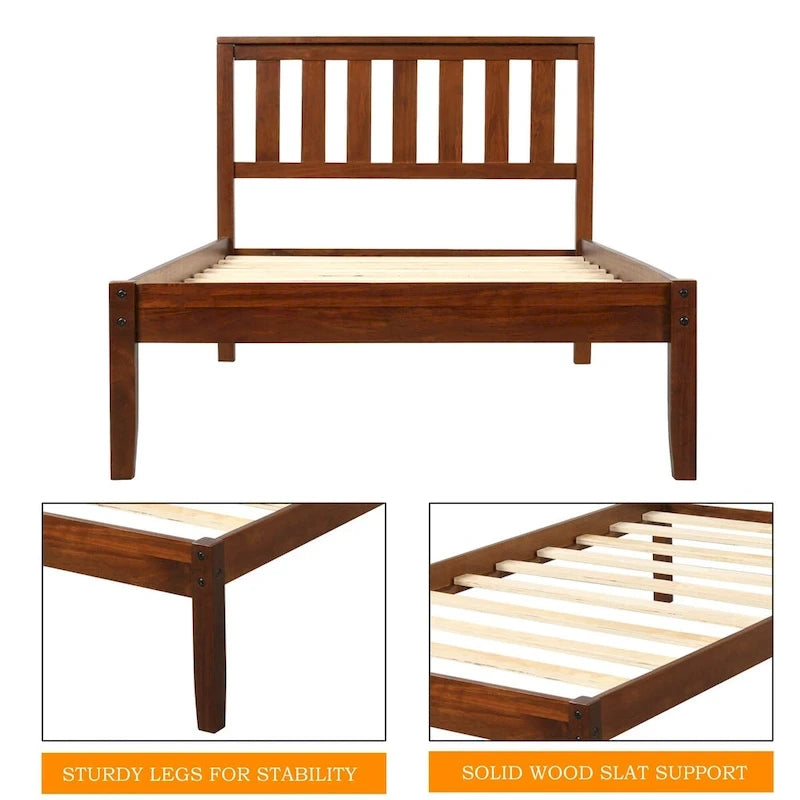 Wood Platform Bed with Headboard/ Slat
