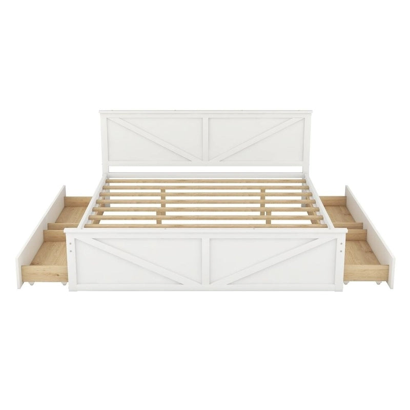 King Size Wooden Platform Bed with Four Storage Drawers and Support Legs