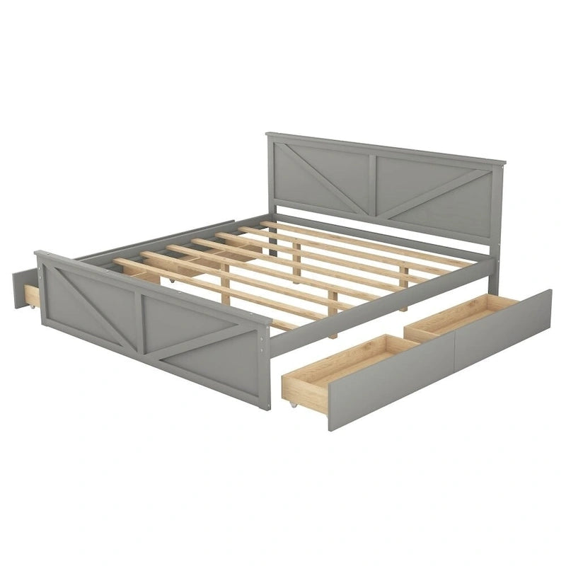 King Size Wooden Platform Bed with Four Storage Drawers and Support Legs