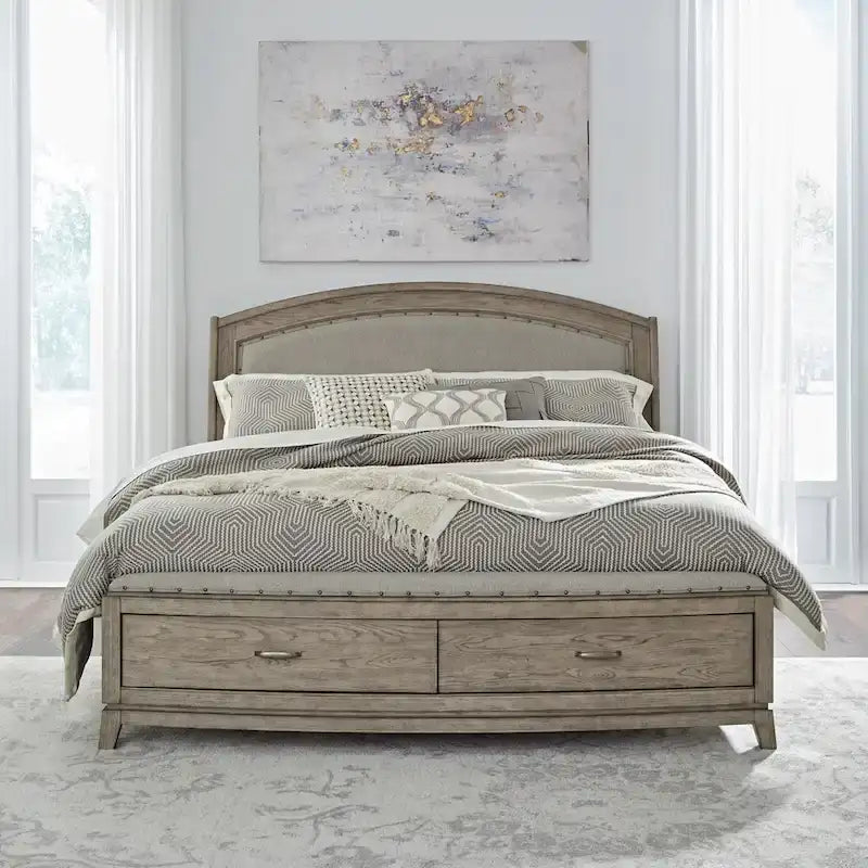 Avalon Burnished Beige Oak King Upholstered Storage Bed Bedroom Set