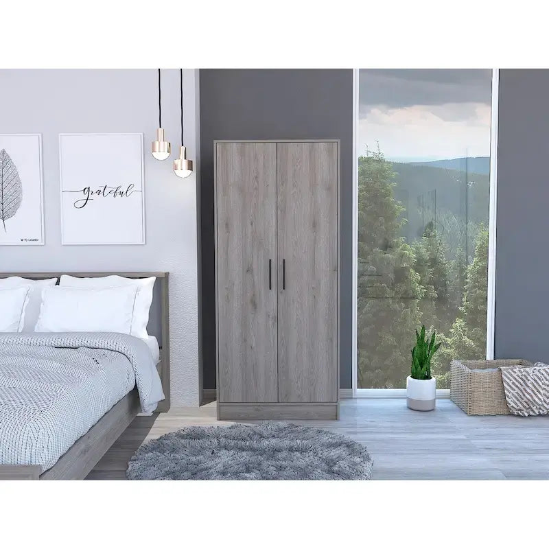 Armoire, Two Shelves, Double Door, Metal Rod, One Drawer -Light Gray