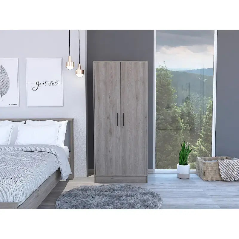 Armoire, Two Shelves, Double Door, Metal Rod, One Drawer -Light Gray