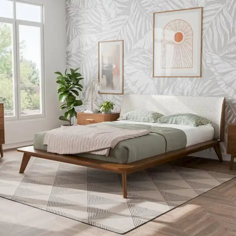 Furniture of America Beau Midcentury 5-Piece Boucle Wingback Queen Low Profile Bedroom Set