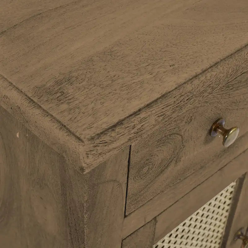 30 Inch Nightstand Table, Rattan Cabinet Doors and Drawer Fronts, Sandblasted Brown Mango Wood