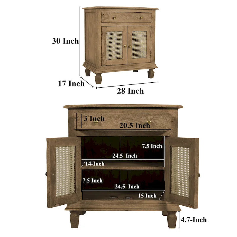 30 Inch Nightstand Table, Rattan Cabinet Doors and Drawer Fronts, Sandblasted Brown Mango Wood