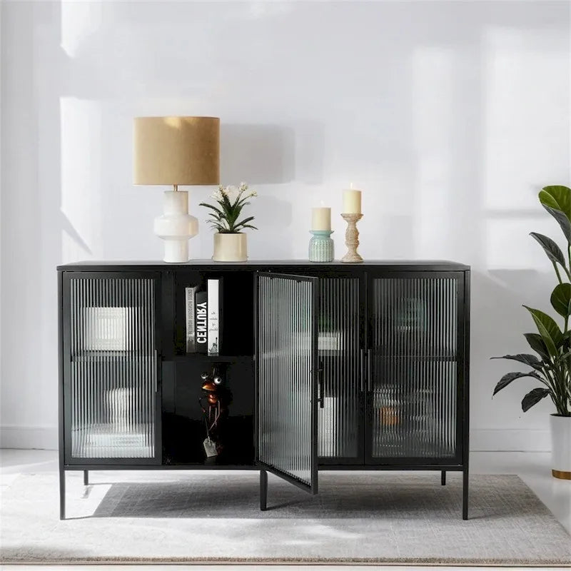 Stylish 4-Door Tempered Glass Cabinet w/4 Glass Doors Adjustable Shelf