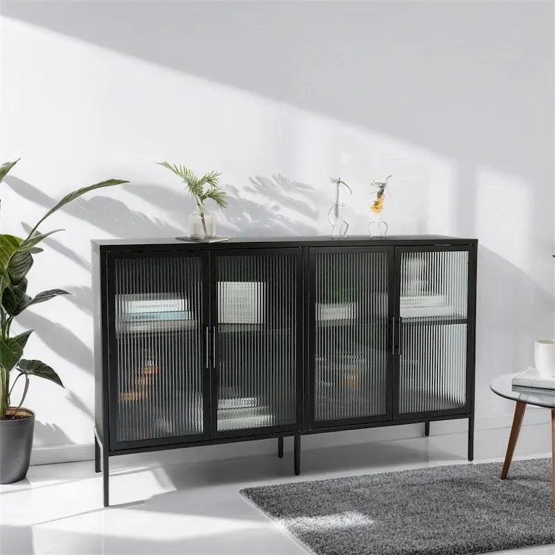 Stylish 4-Door Tempered Glass Cabinet w/4 Glass Doors Adjustable Shelf