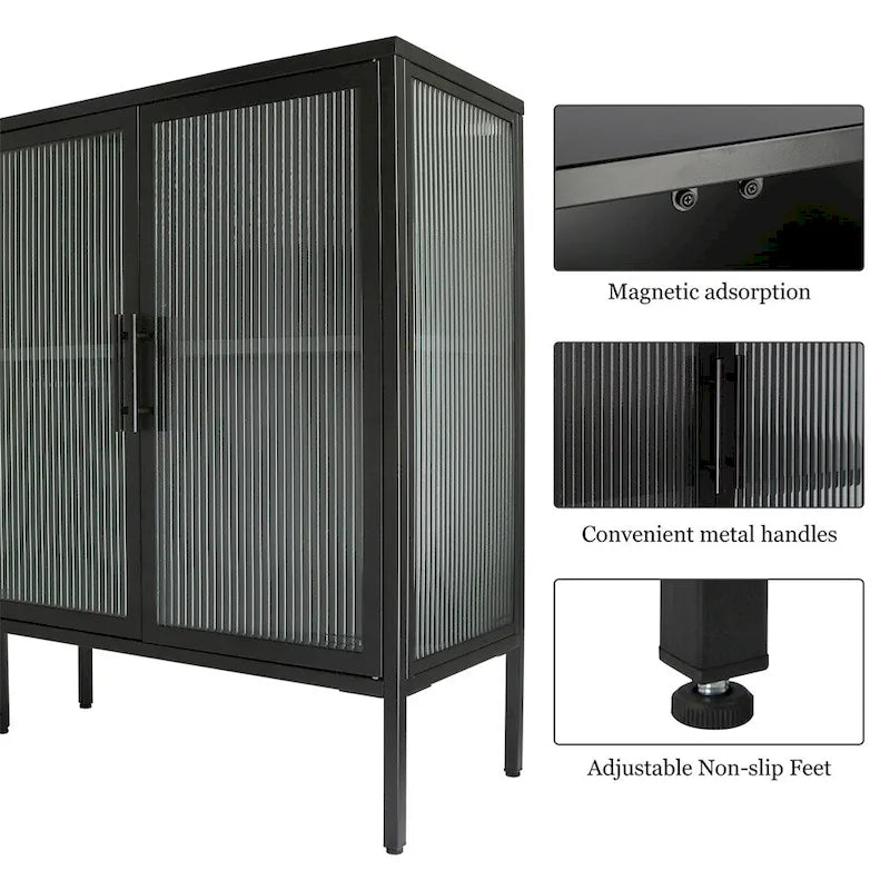 Stylish 4-Door Tempered Glass Cabinet w/4 Glass Doors Adjustable Shelf