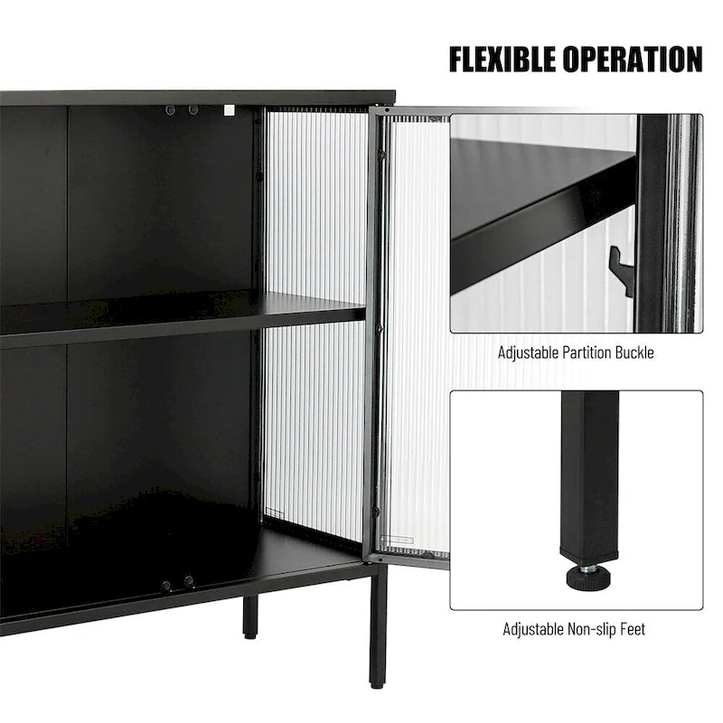 Stylish 4-Door Tempered Glass Cabinet w/4 Glass Doors Adjustable Shelf