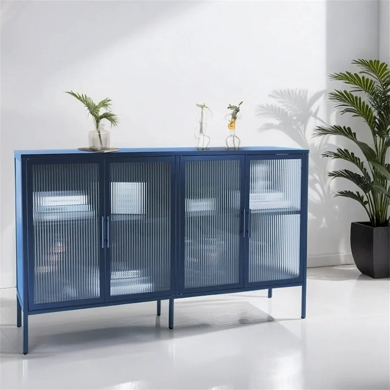 Stylish 4-Door Tempered Glass Cabinet w/4 Glass Doors Adjustable Shelf