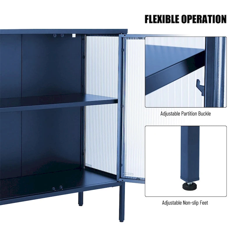 Stylish 4-Door Tempered Glass Cabinet w/4 Glass Doors Adjustable Shelf