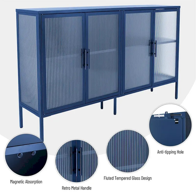 Stylish 4-Door Tempered Glass Cabinet w/4 Glass Doors Adjustable Shelf