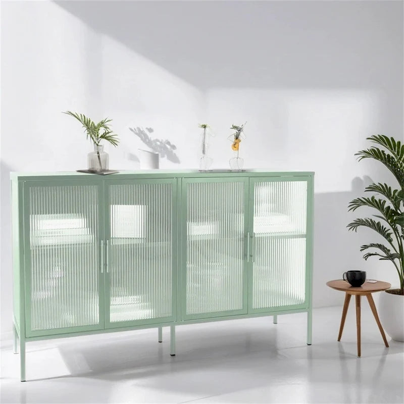 Stylish 4-Door Tempered Glass Cabinet w/4 Glass Doors Adjustable Shelf