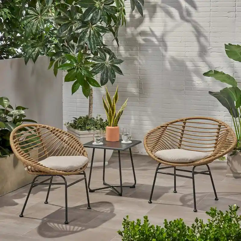 Modern Basket Chair Set with Water-Resistant Cushions and Steel Frame - Set of 2 Outdoor Chairs (No Tables)