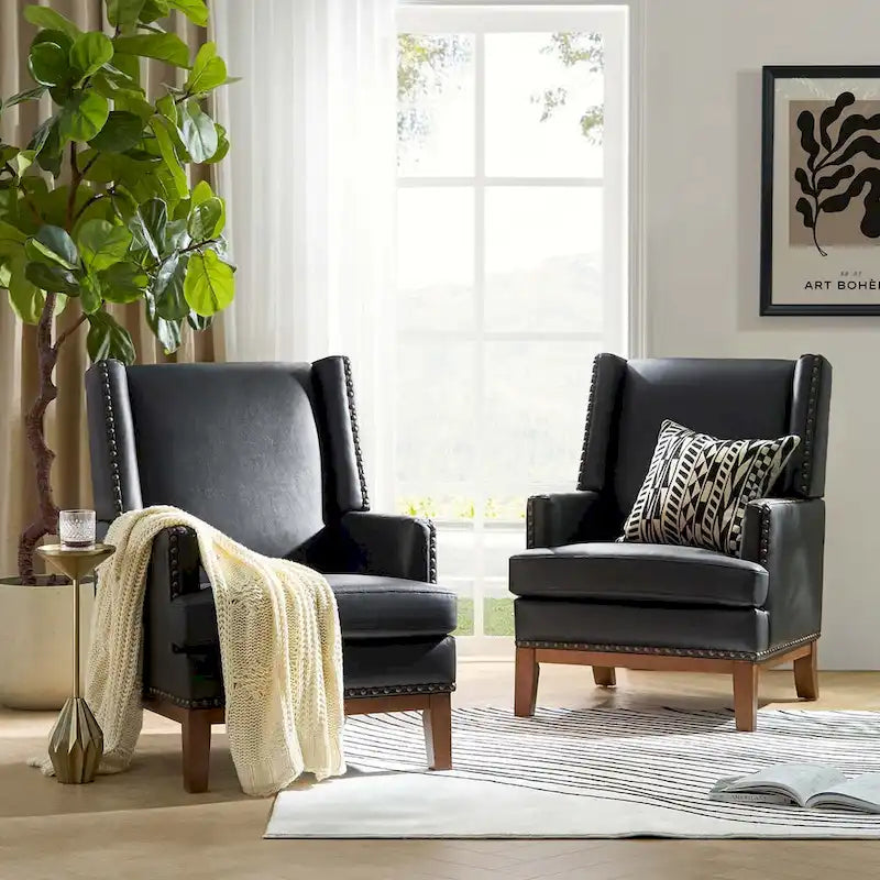 Lourdes Genuine Leather Armchair with Solid Wood Frame and Removable Seat Cushion,Set of 2 by HULALA HOME