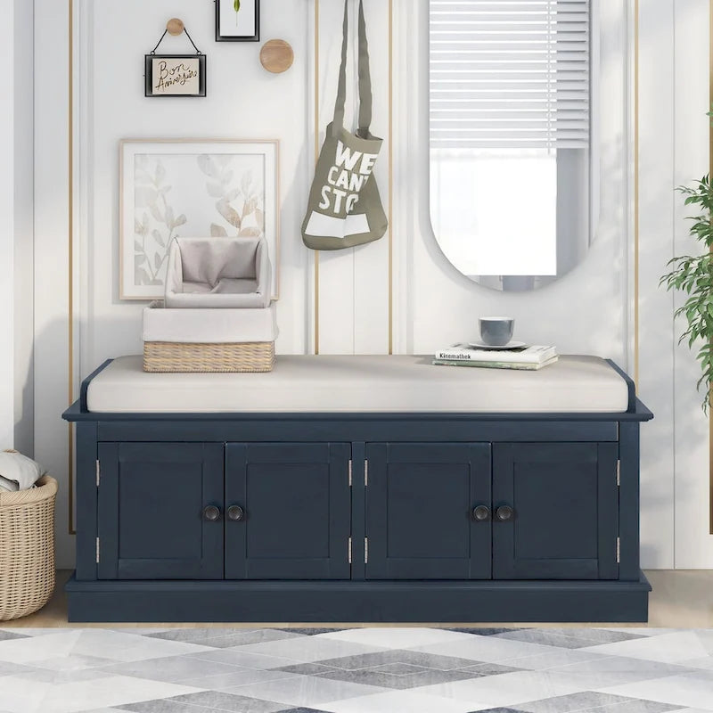 Banc de rangement avec 4 portes et étagères réglables, Banc à chaussures avec coussin amovible pour Salon, Entrée