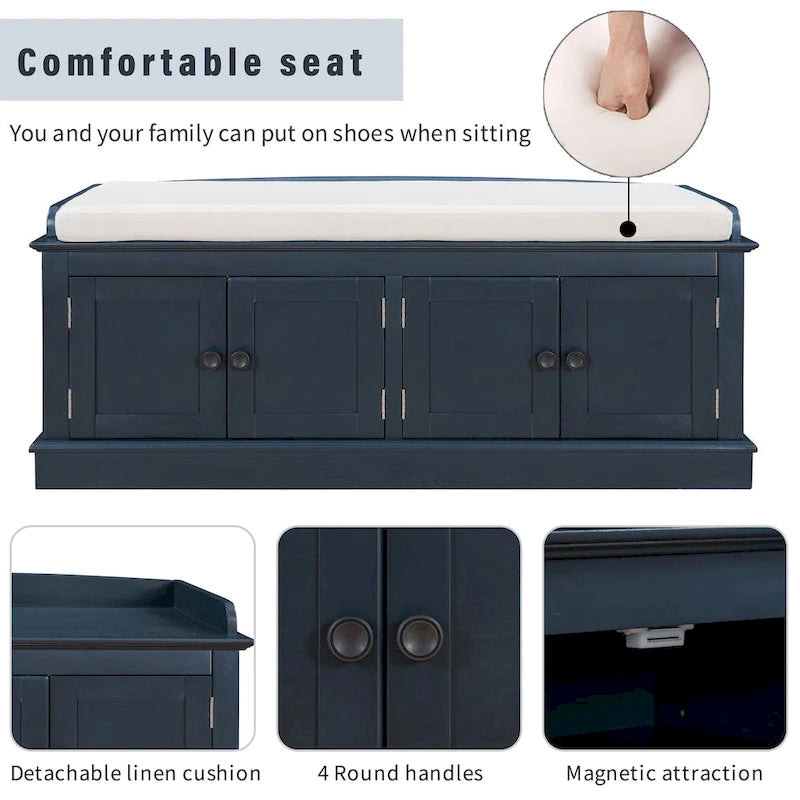 Banc de rangement avec 4 portes et étagères réglables, Banc à chaussures avec coussin amovible pour Salon, Entrée