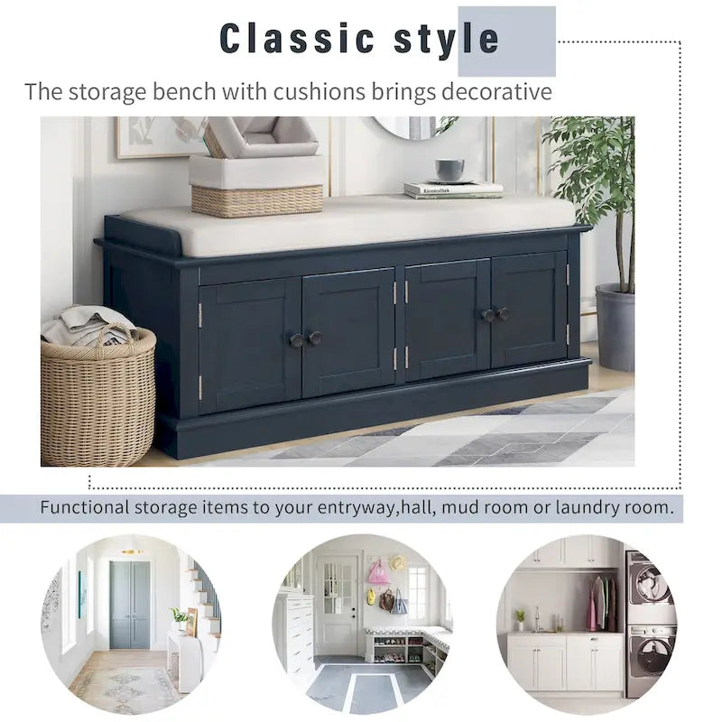 Banc de rangement avec 4 portes et étagères réglables, Banc à chaussures avec coussin amovible pour Salon, Entrée