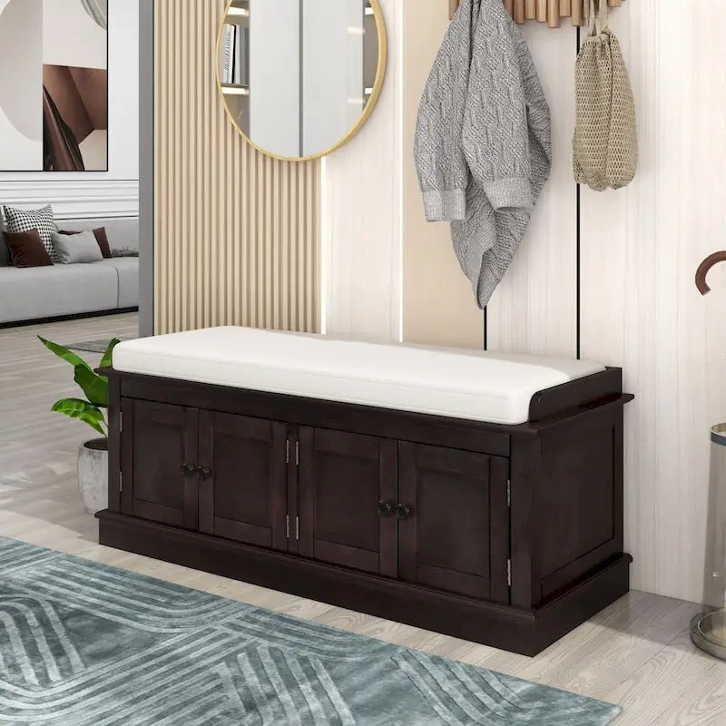 Banc de rangement avec 4 portes et étagères réglables, Banc à chaussures avec coussin amovible pour Salon, Entrée