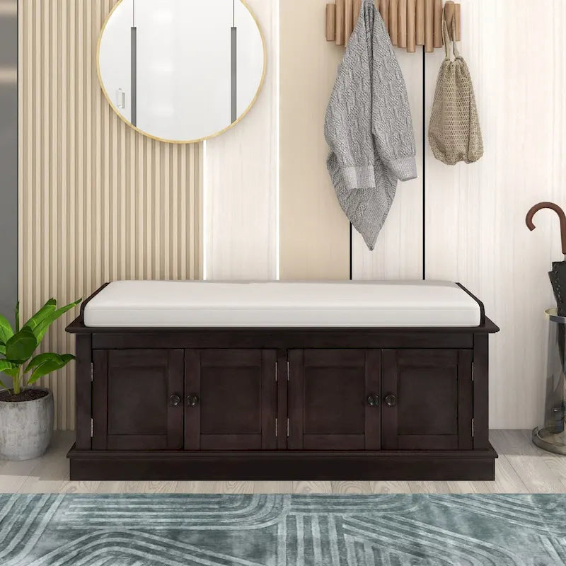 Banc de rangement avec 4 portes et étagères réglables, Banc à chaussures avec coussin amovible pour Salon, Entrée