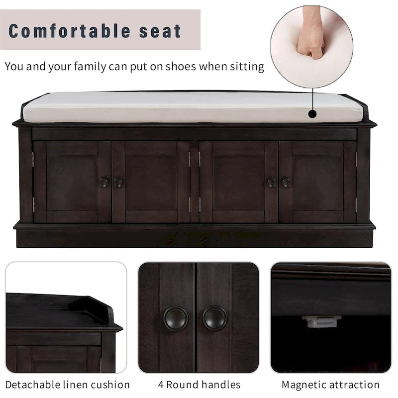 Banc de rangement avec 4 portes et étagères réglables, Banc à chaussures avec coussin amovible pour Salon, Entrée