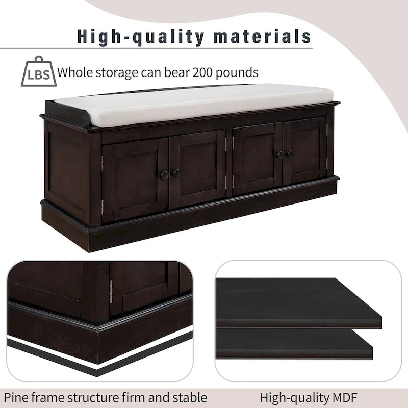 Banc de rangement avec 4 portes et étagères réglables, Banc à chaussures avec coussin amovible pour Salon, Entrée